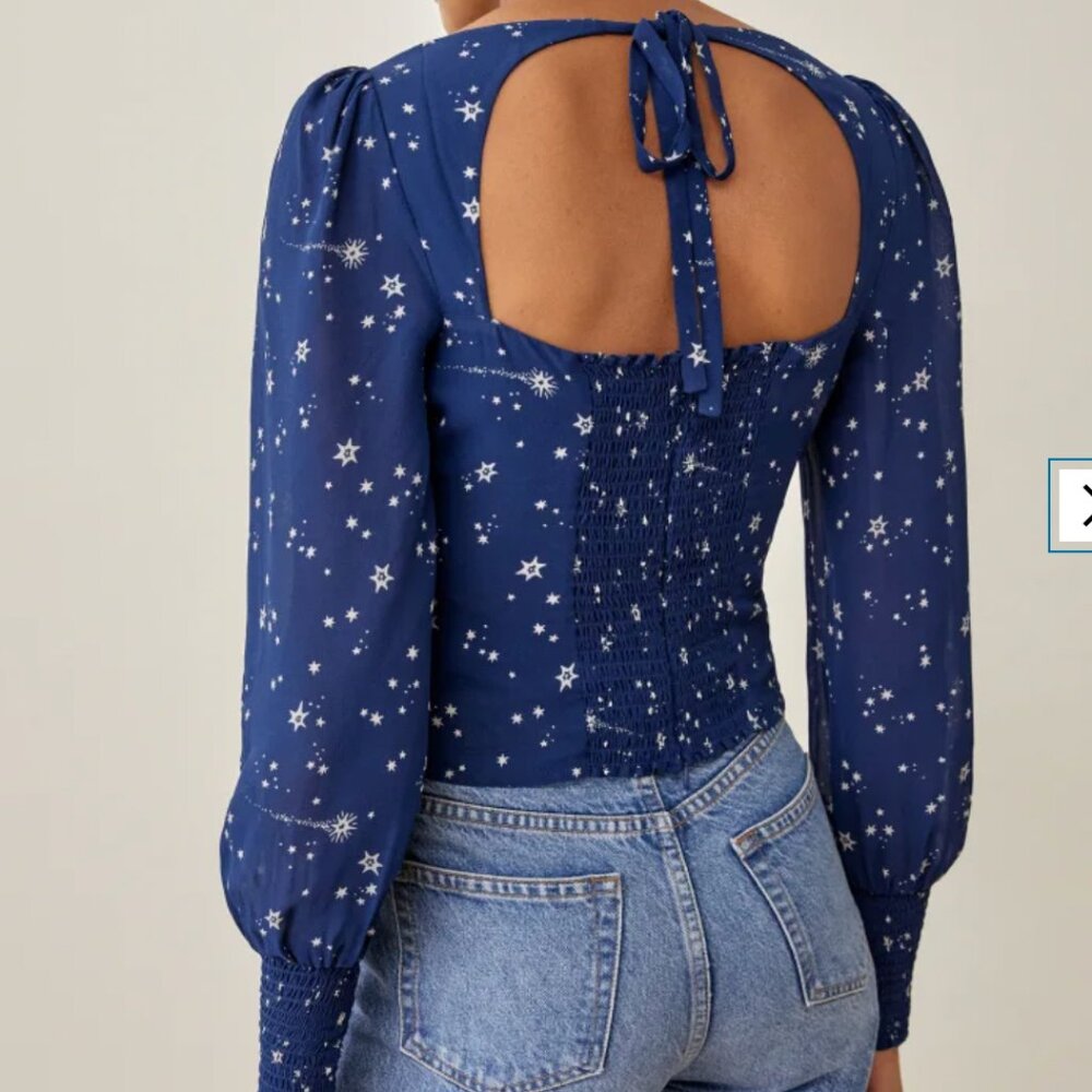 Reformation Michel Top Long Sleeve Blue Top in Starry Night - Picture 3 of 8